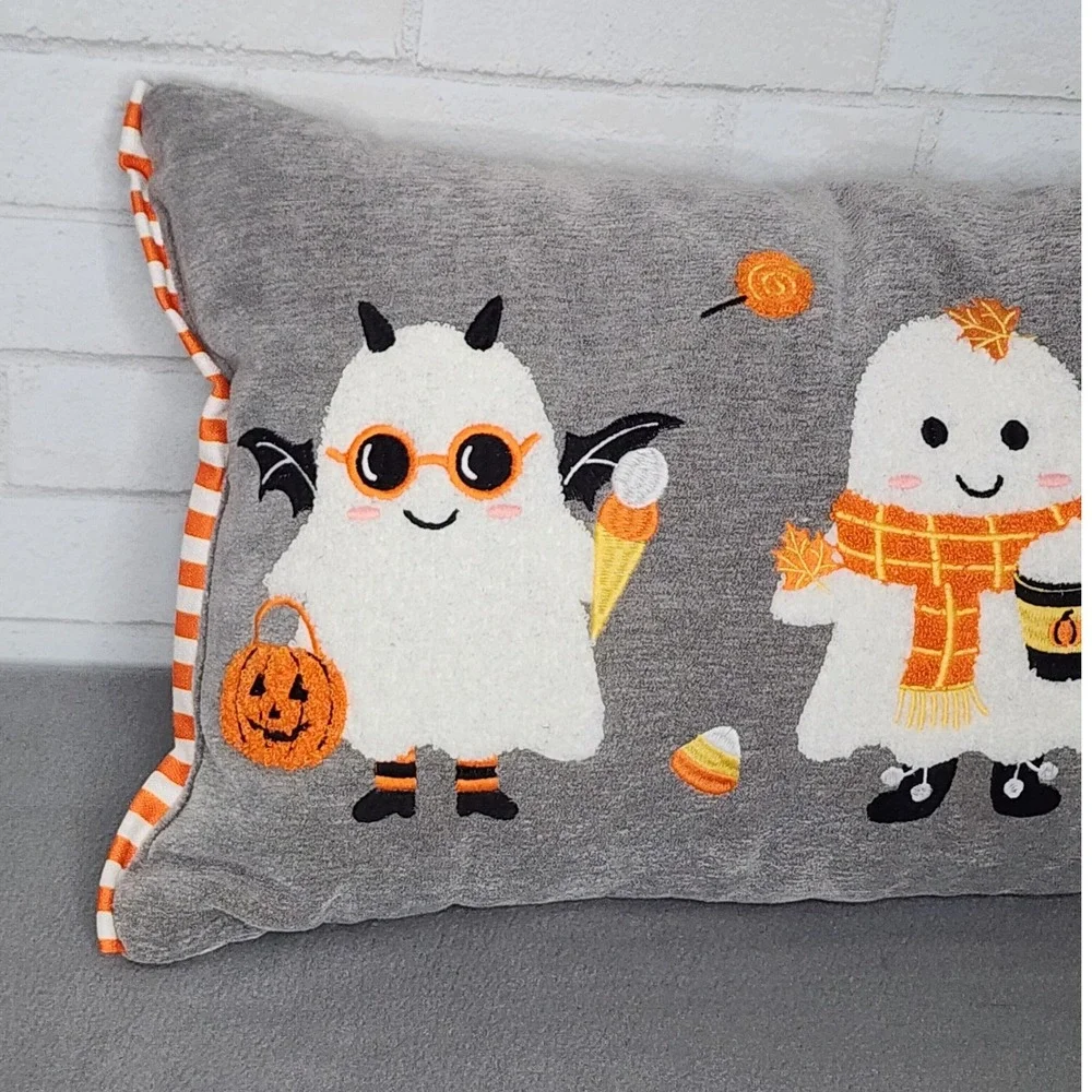Halloween Ghost Lumbar Pillow Gray Embroidered Candy Corn Pumpkin Fall 14x24 NEW